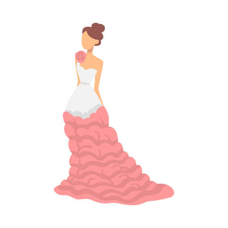 Bride in White and Pink Wedding Dress Standing as Newlywed or Just Married Female Vector Illustrationのイラスト素材