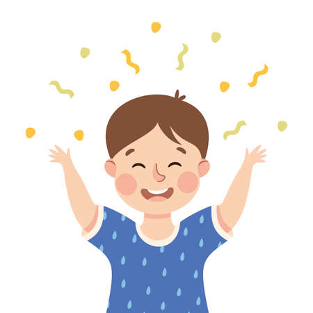 Little Boy Demonstrating Facial Expression and Emotion Raising Hands and Cheering Enjoying Confetti Vector Illustrationのイラスト素材