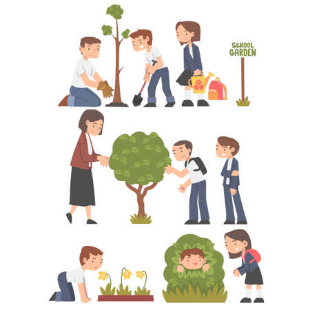 Little Children Engaged in School Gardening Watering and Planting Tree Vector Setのイラスト素材