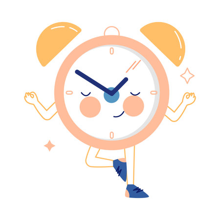 Funny Clock Character with Smiling Face Standing in Yoga Pose Vector Illustrationのイラスト素材