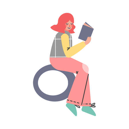 Redhead Girl Teenager in Casual Wear Sitting on Round Shape and Reading Book Vector Illustrationのイラスト素材