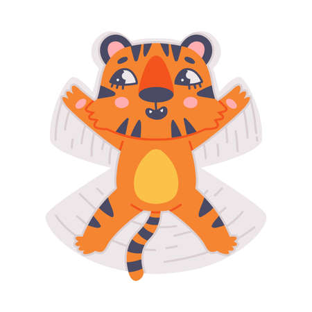 Cute Little Striped Tiger Cub with Orange Fur Making Snow Star Vector Illustrationのイラスト素材