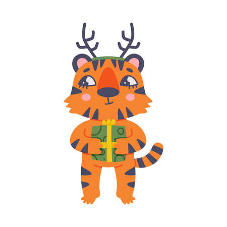 Funny Tiger Cub with Orange Fur and Stripes Wearing Deer Antler Holding Gift Box Vector Illustrationのイラスト素材