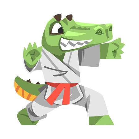 Green Crocodile in Kimono Doing Karate or Combat Sport Vector Illustrationのイラスト素材