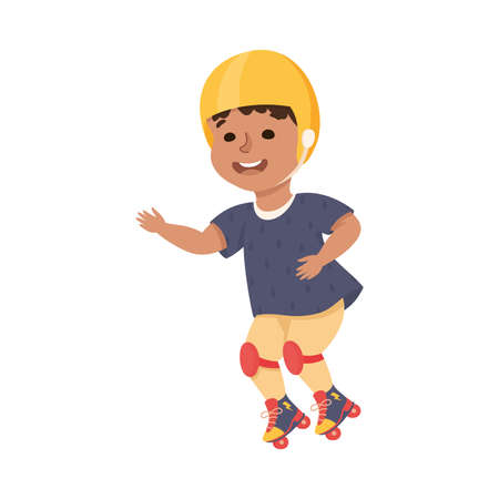 Little Boy on Roller Skates in Skate Park Wearing Protective Helmet and Kneepads Having Fun and...