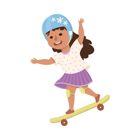 Little Girl on Skateboard in Skate Park in Helmet and Kneepads Having Fun and Enjoying Recreational Activity Vector Illustrationのイラスト素材