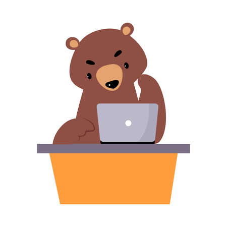 Bear Staff or Office Employee Sitting at Desk with Laptop Vector Illustrationのイラスト素材