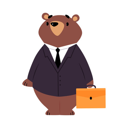 Bear Staff or Office Employee in Tie and Suit Standing with Briefcase Vector Illustrationのイラスト素材