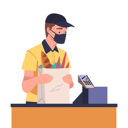 Man Cashier at Supermarket or Grocery Store Wearing Face Mask During Epidemic of Virus Vector Illustrationのイラスト素材