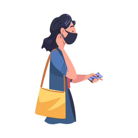 Woman Character in Mask Using Contactless Payment with Smartphone for virus Prevention Vector Illustrationのイラスト素材
