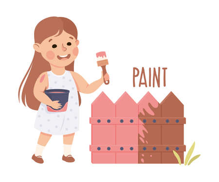 Little Girl with Bucket and Brush Painting Fence Vector Illustrationのイラスト素材