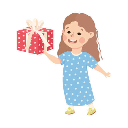 Little Girl Giving Wrapped Gift Box Congratulating with Birthday Vector Illustrationのイラスト素材