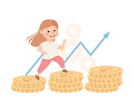 Little Girl Jumping Up Coin Stack Engaged in Economic Education and Financial Literacy Learning Saving and Investing Money Vector Illustrationのイラスト素材
