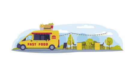 Bright Yellow Food Truck in Green Park Area Cooking and Selling Street Food Vector Illustrationのイラスト素材