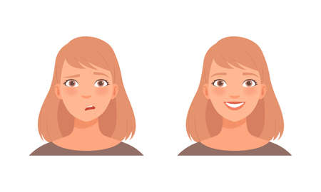Woman Head with Short Hairstyle Smiling and Embarrased Facial Expression Vector Setのイラスト素材