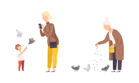People Character Feeding Birds with Seeds and Taking Photo Walking in the Park Vector Setのイラスト素材