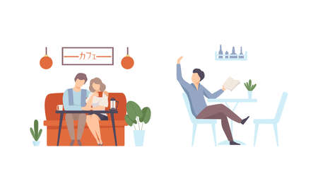 Man and Woman Sitting in Cafe Talking and Making Order Vector Setのイラスト素材