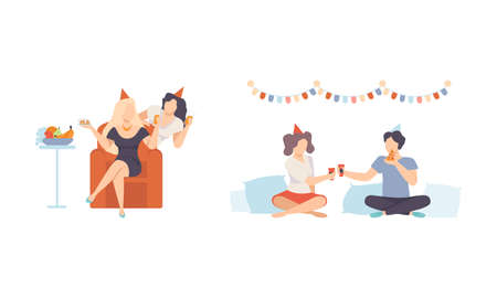 Joyful People Character in Cone Birthday Hat Eating and Drinking Cocktail Celebrating Feast Vector Illustration Setのイラスト素材