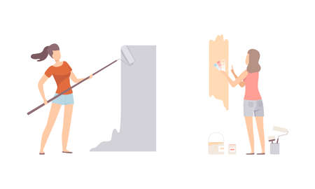 Woman Coloring Wall with Paint Roller Vector Setのイラスト素材