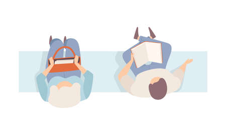 Man and Woman Sitting on Bench Top View Vector Illustrationのイラスト素材