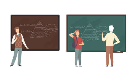 Man Teacher or University Professor Standing in Front of Chalkboard Explaining Lesson to Student Vector Setのイラスト素材