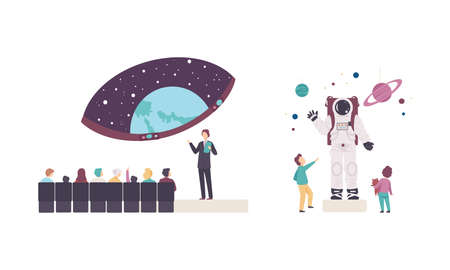 People Character Visiting Planetarium Learning about Astronomy and Night Sky Vector Setのイラスト素材
