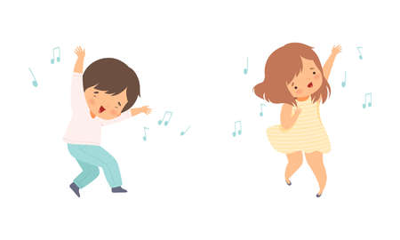 Little Kids Dancing to Music Rhythm and Singing Vector Setのイラスト素材