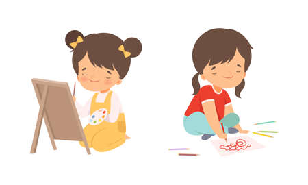 Little Girl Drawing on Paper with Colored Pencil and Brush Vector Setのイラスト素材