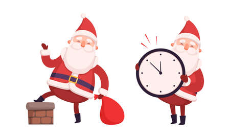 Santa Claus Character with White Beard and Red Hat Getting inton Chimney and Holding Clock Vector Setのイラスト素材