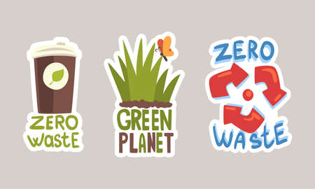Go Green Sticker with Green Grass and Recycle Symbol for Zero Waste Vector Setのイラスト素材