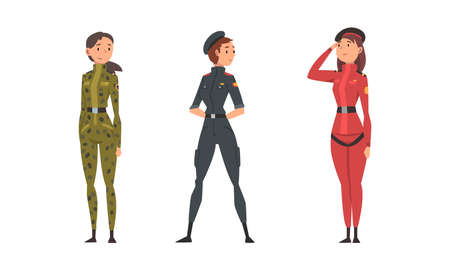 Young Woman Soldier or Officer in Combat Uniform Vector Setのイラスト素材