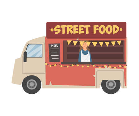 Young Woman as Street Food Vendor Standing at Truck Counter Vector Illustrationのイラスト素材