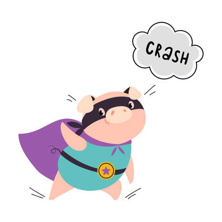 Pink Pig Superhero Character in Eye Mask and Cloak Crashing Vector Illustrationのイラスト素材