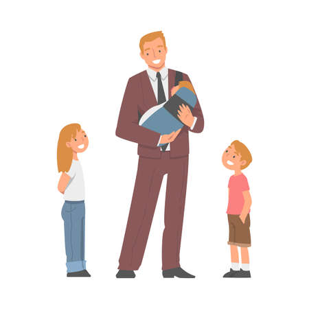 Dad Businessman Wearing Suit and Tie Holding Newborn Baby with His Arm and Standing with His Son and Daughter Vector Illustrationのイラスト素材