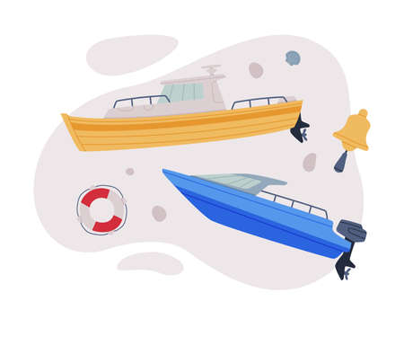 Watercraft or Swimming Water Vessel with Motorboat and Lifebuoy Vector Compositionのイラスト素材