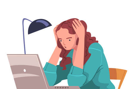 Tired Young Woman Sitting at Laptop Holding Head with Hands Vector Illustrationのイラスト素材