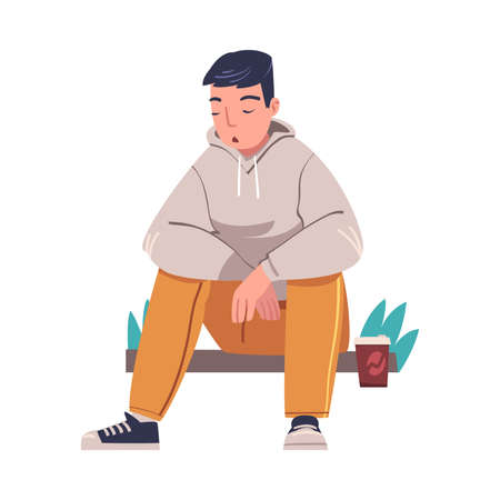 Tired Young Man Sitting on Bench with Coffee Cup and Hang Head Vector Illustrationのイラスト素材