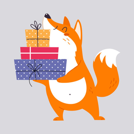 Cute Orange Fox Animal Carrying Pile of Wrapped Gift Box Enjoying Winter Season Vector Illustrationのイラスト素材
