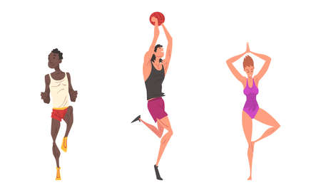 Man and Woman Athlete Playing Basketball and Standing in Yoga Pose Vector Setのイラスト素材