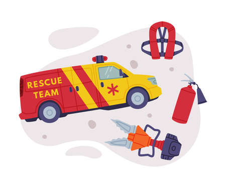 Rescue Equipment with Specialized Machine and Emergency Vehicle for Urgent Saving of Life Vector...
