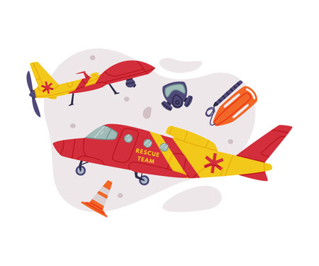 Rescue Equipment with Aircraft as Specialized Machine and Emergency Vehicle for Urgent Saving of Life Vector Illustrationのイラスト素材