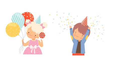 Happy Little Boy and Girl Wearing Cone Birthday Hat Holding Balloons and Candy Cheering About Holiday Vector Setのイラスト素材