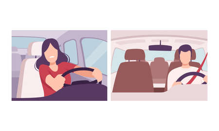 Man and Woman Driving Car Sitting at Driver Seat of Motor Vehicle Holding Hands on Steering Wheel Inside View Vector Setのイラスト素材