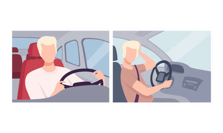 Man Driving Car Sitting at Driver Seat of Motor Vehicle Holding Hands on Steering Wheel Inside View Vector Setのイラスト素材