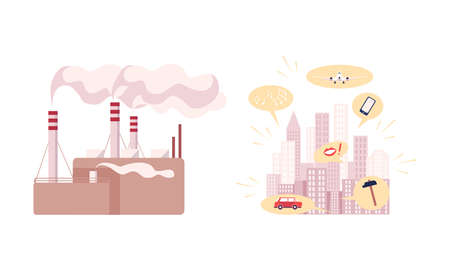 Environmental Pollution and Global Warming Cause with Urbanization and Factory Emission Vector Setのイラスト素材