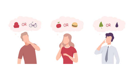 Confused Pensive People Character Choosing Between Two Alternative Vector Setのイラスト素材