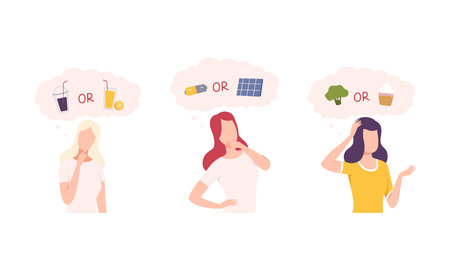 Confused Pensive Woman Character Choosing Between Two Alternative Vector Setのイラスト素材