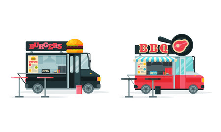 Wheeled Food Truck Selling Burger and Grilled Steak as Street Snack Restaurant Vector Setのイラスト素材