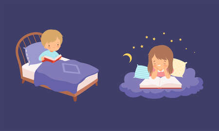 Cute Little Boy and Girl Lying on Soft Cloud and Bed at Night and Reading Bedtime Story Vector Setの写真素材