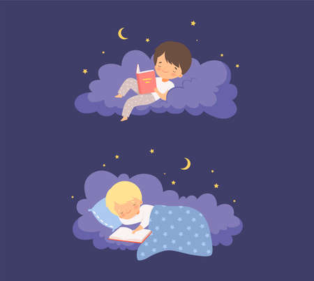 Cute Little Boy Lying on Soft Cloud at Night and Reading Bedtime Story Vector Setのイラスト素材